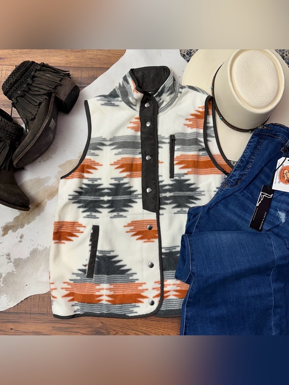 Aztec Print Fleece Snap-Front Vest in Cream, Orange & Black